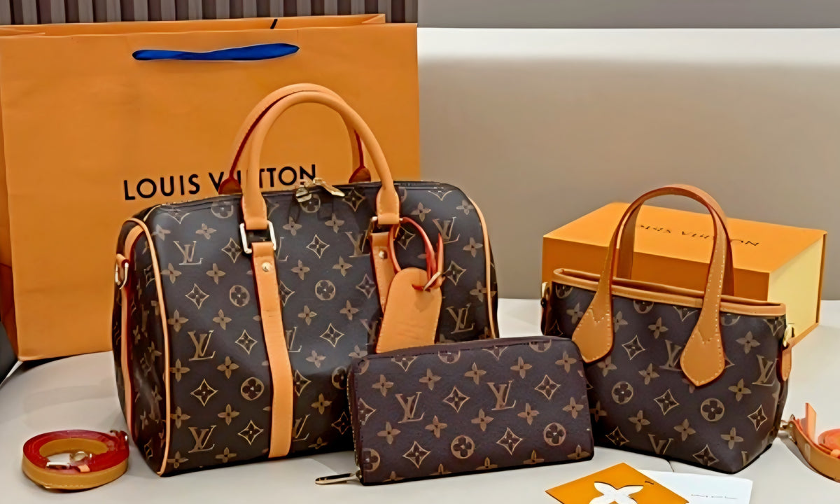 Louis Vuitton Monogram canvas travel and handbag set, complete with a duffle bag, a small tote, and a matching zip wallet