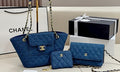 Chanel 25 washed denim collection set featuring quilted blue denim and signature gold-tone hardware