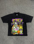 vintage-style graphic t- shirt featuring a cartoon Buddha and a cat